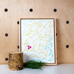 Load image into Gallery viewer, original artwork of abstract pine needles and berries, mixed media on paper float mounted in maple frame