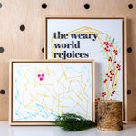 Load image into Gallery viewer, original artwork of abstract pine needles and berries, mixed media on paper float mounted in maple frame, paired with holiday wreath original