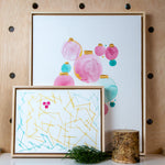 Load image into Gallery viewer, original artwork of abstract pine needles and berries, mixed media on paper float mounted in maple frame, paired with ornaments original artwork